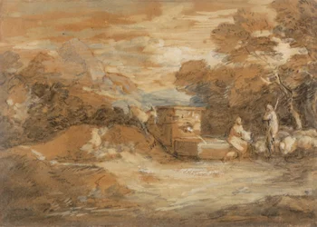 Berglandschaft mit Figuren, Schafen und Brunnen